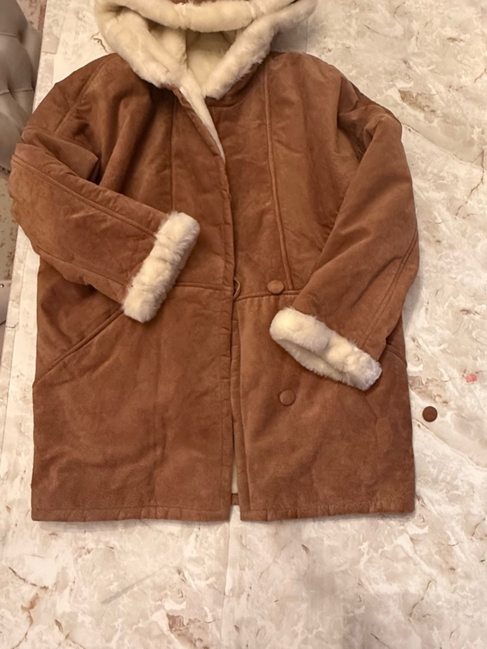 Suede Look Faux Shearling Coat in Chestnut Brown with Cream Trim